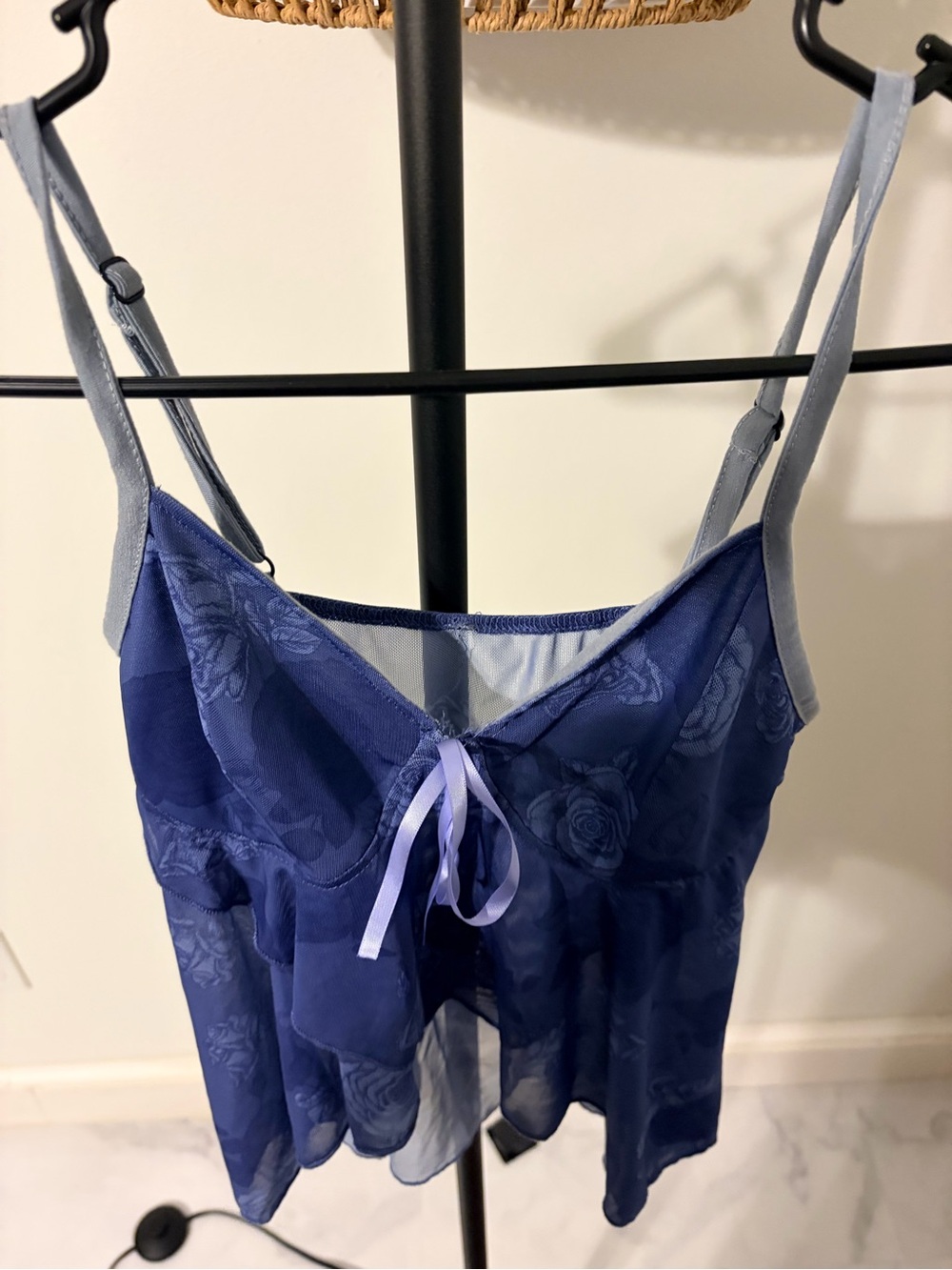 ROMWE Sheer Floral Lace Chemise in Deep Blue with Light Blue Straps